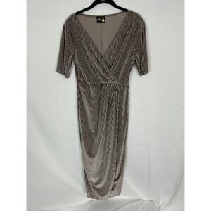 Kookai by Sumida Taupe Metallic Striped Wrap Midi Dress, Silver Hue, Bodycon